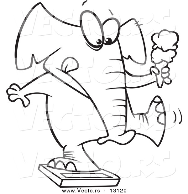 Vector of a Cartoon Chubby Elephant Holding an Ice Cream Cone and Standing on a Scale - Coloring Page Outline
