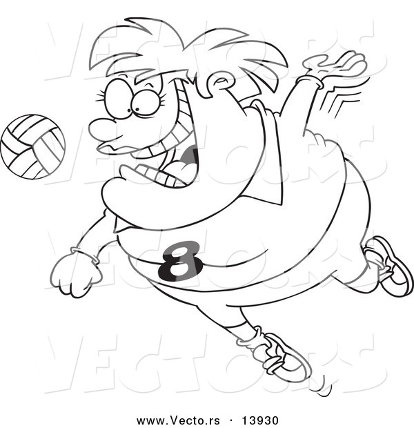 Vector of a Cartoon Chubby Female Volleyball Player Jumping to Hit the Ball - Coloring Page Outline
