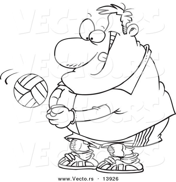 Vector of a Cartoon Chubby Male Volleyball Player Hitting a Ball - Coloring Page Outline