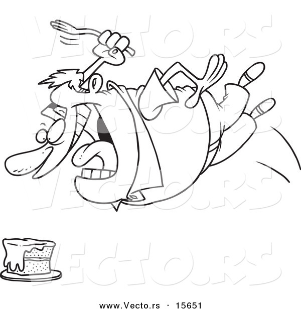Vector of a Cartoon Chubby Man Diving for Cake - Coloring Page Outline