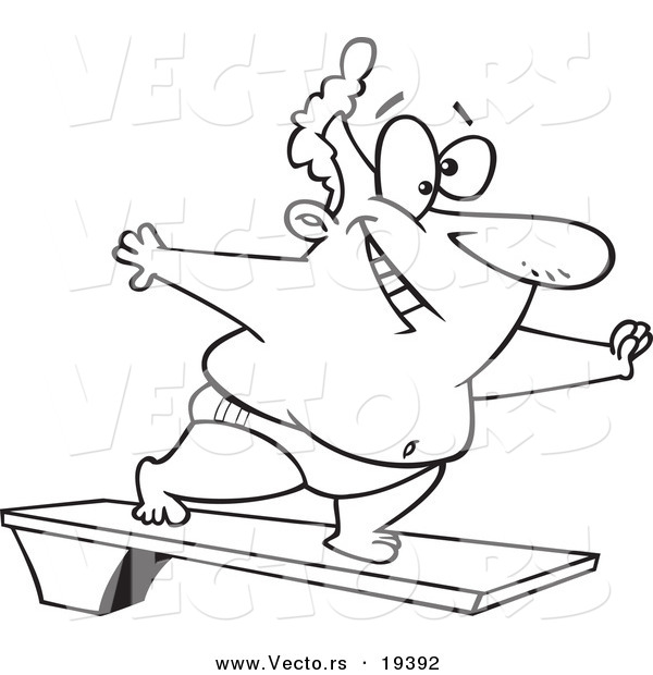 Vector of a Cartoon Chubby Man on a Diving Board - Outlined Coloring Page