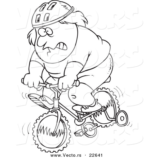 Vector of a Cartoon Chubby Man Riding a Bike with Training Wheels - Coloring Page Outline