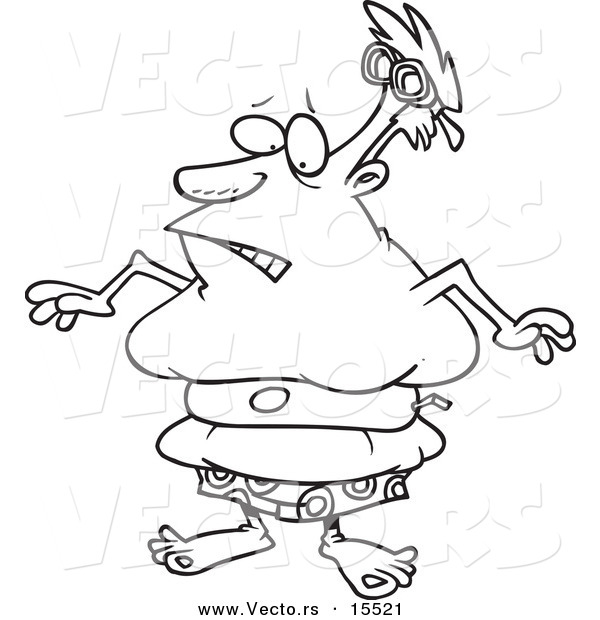Vector of a Cartoon Chubby Man Wearing a Tight Inner Tube - Coloring Page Outline