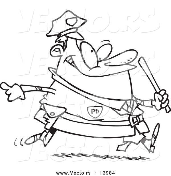Vector of a Cartoon Chubby Running Cop - Coloring Page Outline
