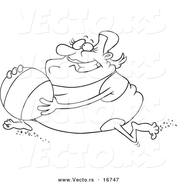 Vector of a Cartoon Chubby Woman Running with a Beach Ball - Coloring Page Outline
