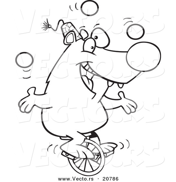 Vector of a Cartoon Circus Bear Juggling on a Unicycle - Coloring Page Outline