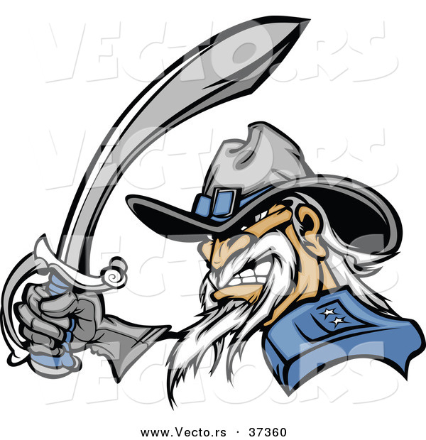 Vector of a Cartoon Civil War Army General Grinning While Preparing to Strike with His Sword