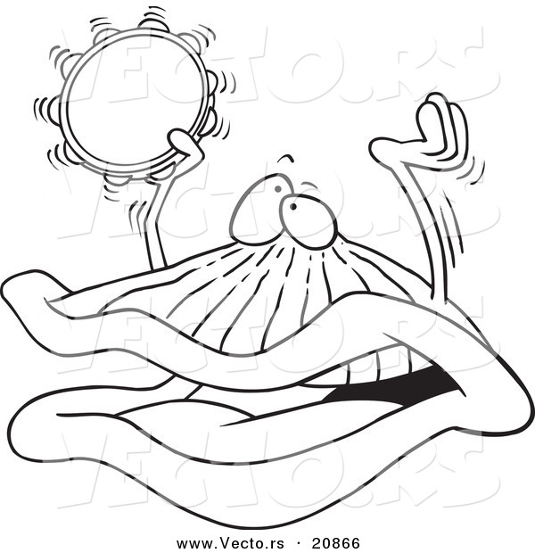 Vector of a Cartoon Clam Playing a Clam Playing a Tambourine - Coloring Page Outline