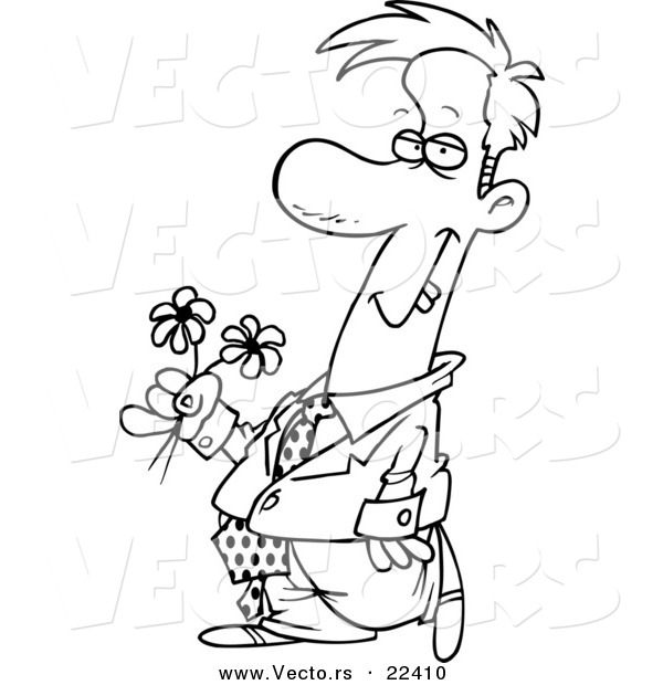 Vector of a Cartoon Clashing Man Carrying Flowers - Coloring Page Outline