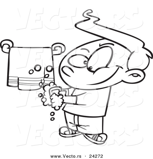 Vector of a Cartoon Clean Boy Washing His Hands - Outlined Coloring Page