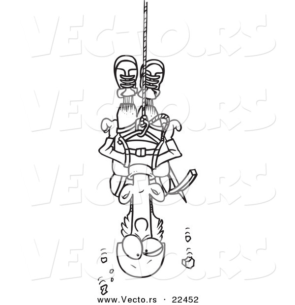 Vector of a Cartoon Climber Suspended from Rope - Coloring Page Outline
