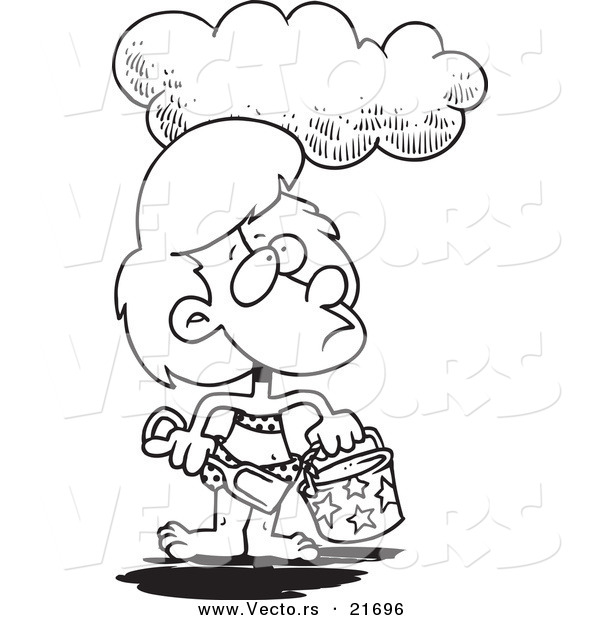 Vector of a Cartoon Cloud over a Girl at a Beach - Outlined Coloring Page