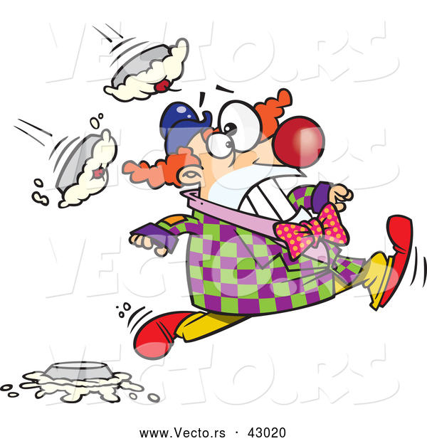 Vector of a Cartoon Clown Running from Pies Being Thrown at Him