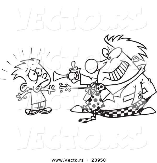 Vector of a Cartoon Clown Scaring a Boy - Coloring Page Outline