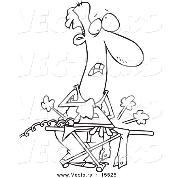 Vector of a Cartoon Clueless Man Ironing Laundry - Coloring Page Outline