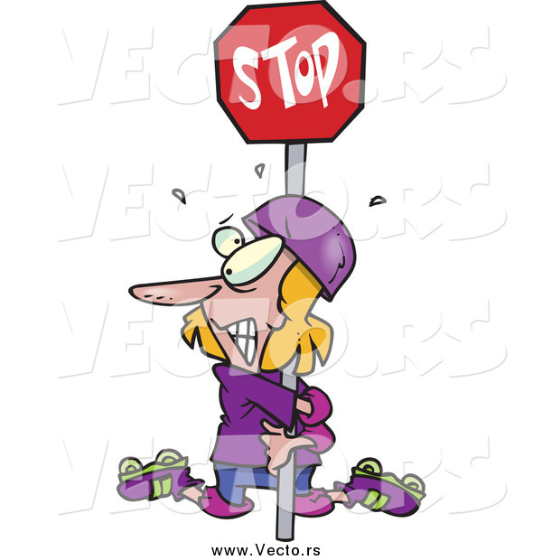 Vector of a Cartoon Clumsy Blond White Roller Blader Hugging a Stop Sign
