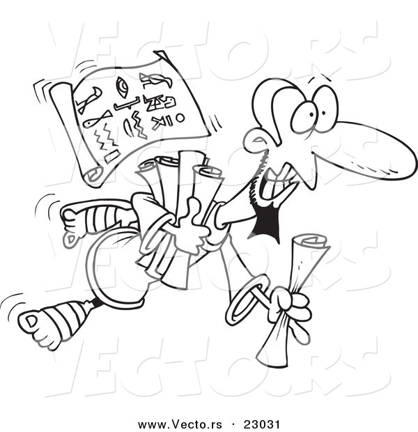 Vector of a Cartoon Clumsy Guy with Scrolls - Coloring Page Outline
