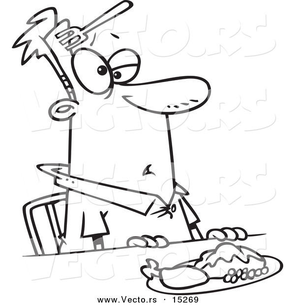 Vector of a Cartoon Clumsy Man with a Fork in His Forehead - Coloring Page Outline