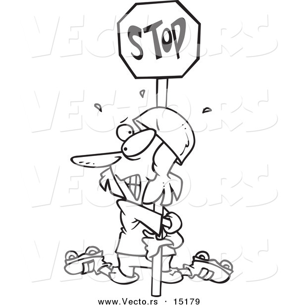 Vector of a Cartoon Clumsy Roller Blader Hugging a Stop Sign - Coloring Page Outline