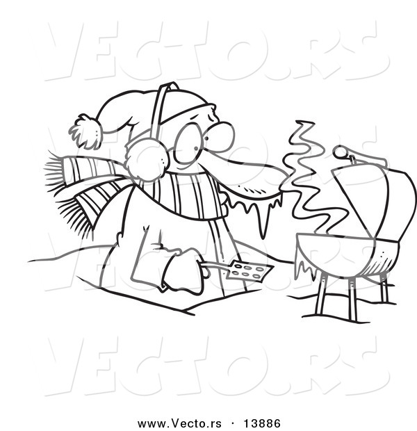 Vector of a Cartoon Cold Man Barbequeing Waist Deep in Snow - Coloring Page Outline