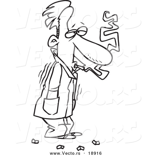 Vector of a Cartoon Cold Man Shivering in His Jacket and Smoking - Outlined Coloring Page