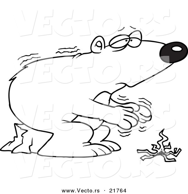 Vector of a Cartoon Cold Polar Bear by a Fire - Outlined Coloring Page