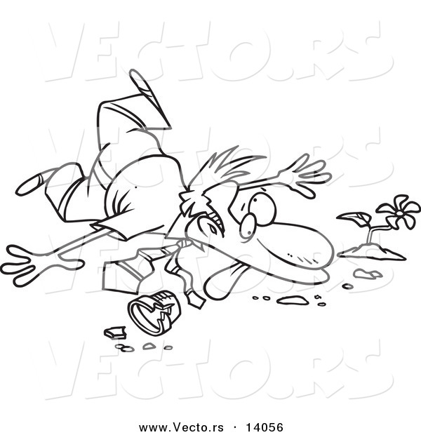 Vector of a Cartoon Collapsed Unlucky Businessman over a Pot - Coloring Page Outline