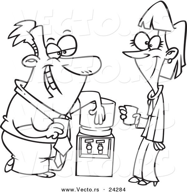 Vector of a Cartoon Colleagues Flirting at the Water Cooler - Outlined Coloring Page