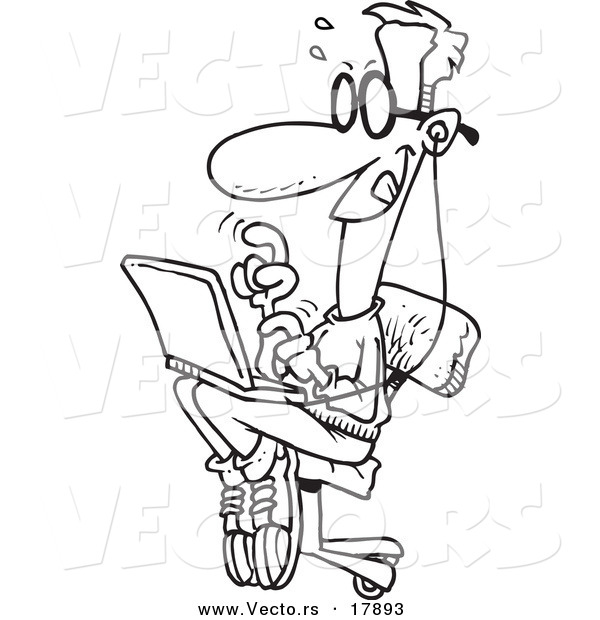 Vector of a Cartoon College Boy Using a Laptop - Outlined Coloring Page