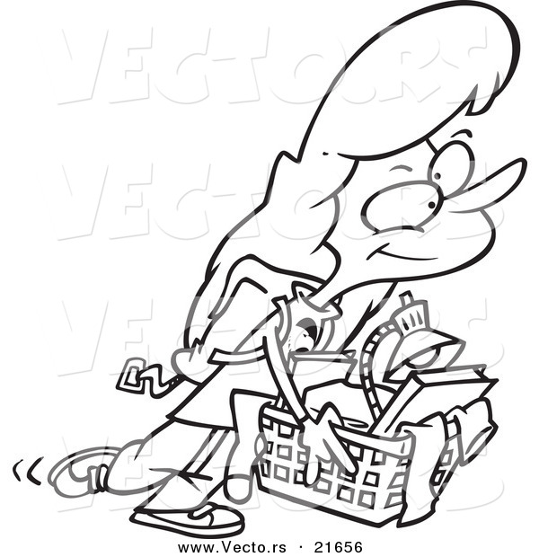 Vector of a Cartoon College Girl Carrying a Basket of Items - Outlined Coloring Page