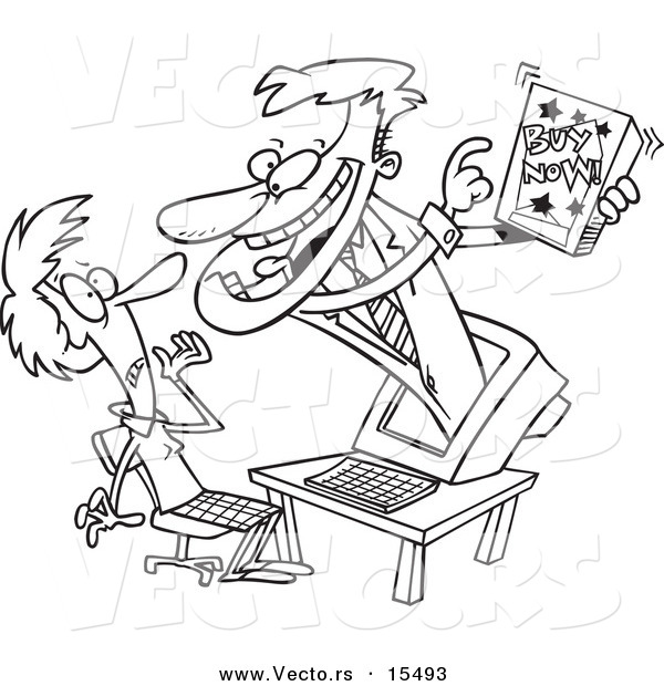 Vector of a Cartoon Computer and Marketing a Product - Coloring Page Outline