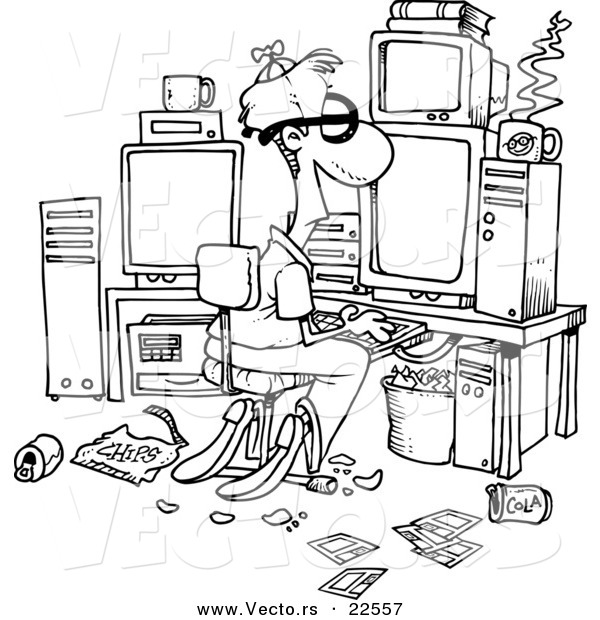 Vector of a Cartoon Computer Geek with a Messy Office - Coloring Page Outline