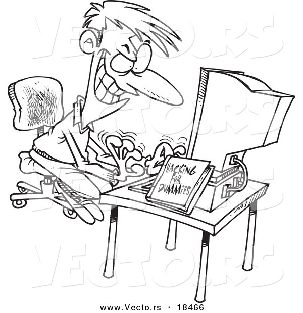 Vector of a Cartoon Computer Hacking Man - Outlined Coloring Page