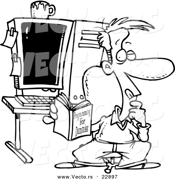 Vector of a Cartoon Computer Programmer in His Office - Coloring Page Outline