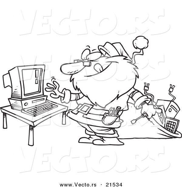 Vector of a Cartoon Computer Repair Santa - Outlined Coloring Page