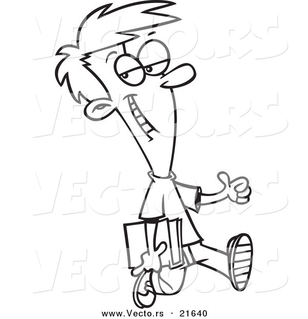 Vector of a Cartoon Confident School Boy Holding a Thumb up - Outlined Coloring Page