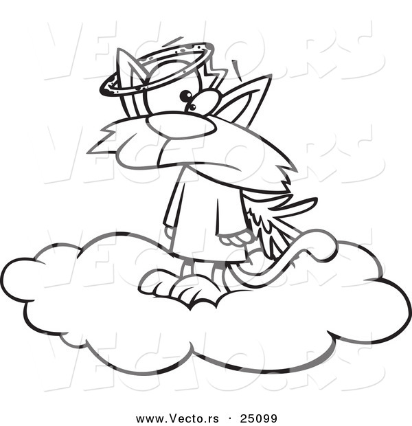 Vector of a Cartoon Confused Angel Cat in Heaven - Coloring Page Outline