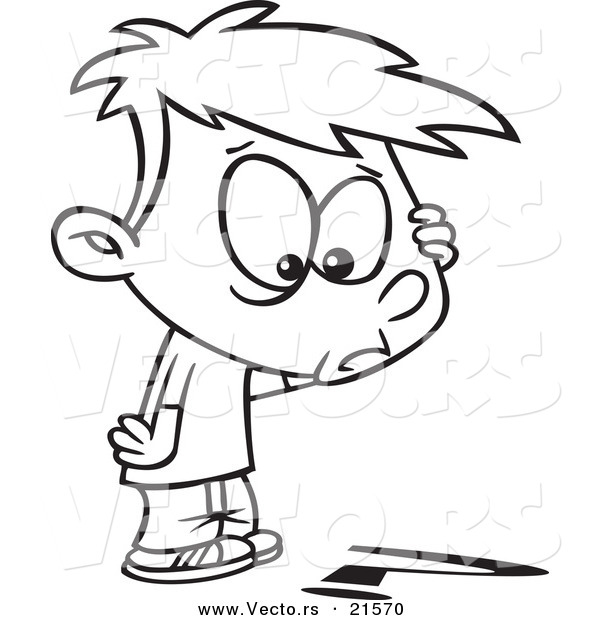 Vector of a Cartoon Confused Boy Looking down at a Question Mark - Outlined Coloring Page