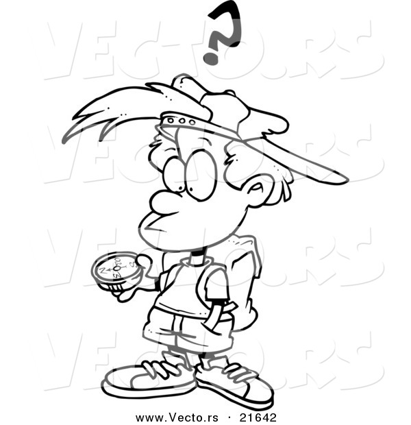 Vector of a Cartoon Confused Boy Using a Compass - Outlined Coloring Page