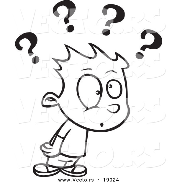 Vector of a Cartoon Confused Boy with Many Questions - Outlined Coloring Page