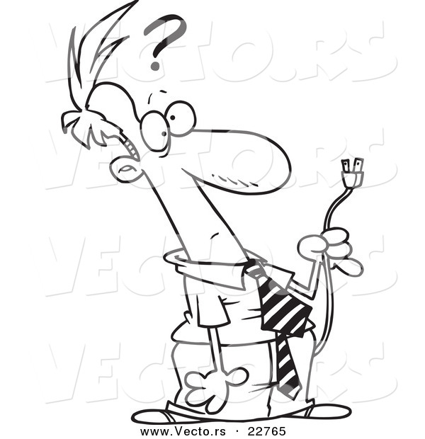 Vector of a Cartoon Confused Businessman Holding a Plug - Coloring Page Outline