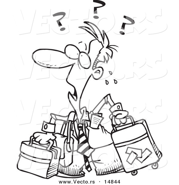Vector of a Cartoon Confused Businessman with Luggage - Coloring Page Outline