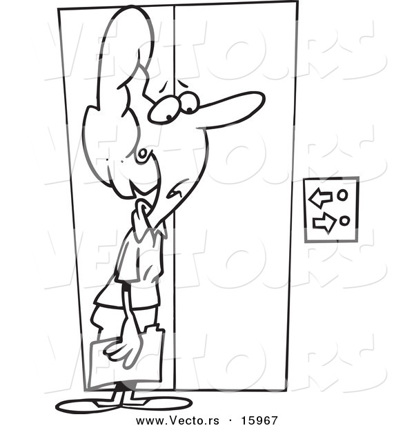 Vector of a Cartoon Confused Businesswoman Waiting for an Elevator - Outlined Coloring Page Drawing