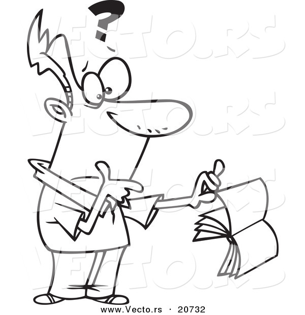 Vector of a Cartoon Confused Man Holding a Book - Coloring Page Outline