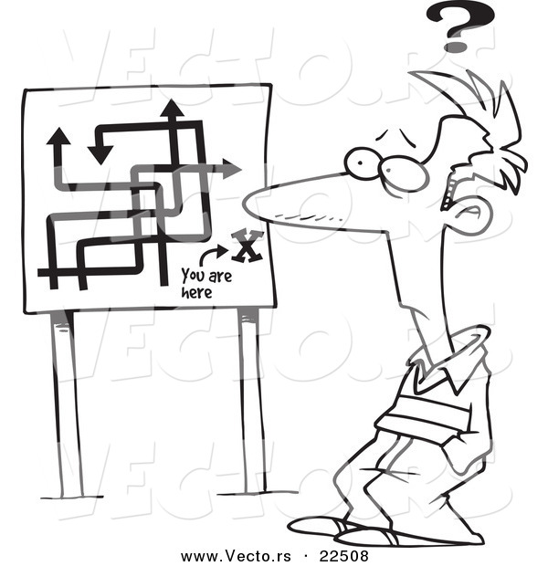 Vector of a Cartoon Confused Man Viewing a Map Sign - Coloring Page Outline