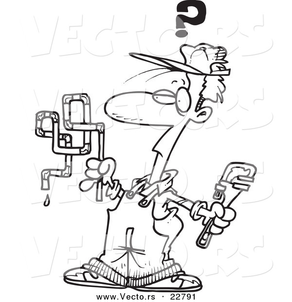 Vector of a Cartoon Confused Plumber - Coloring Page Outline