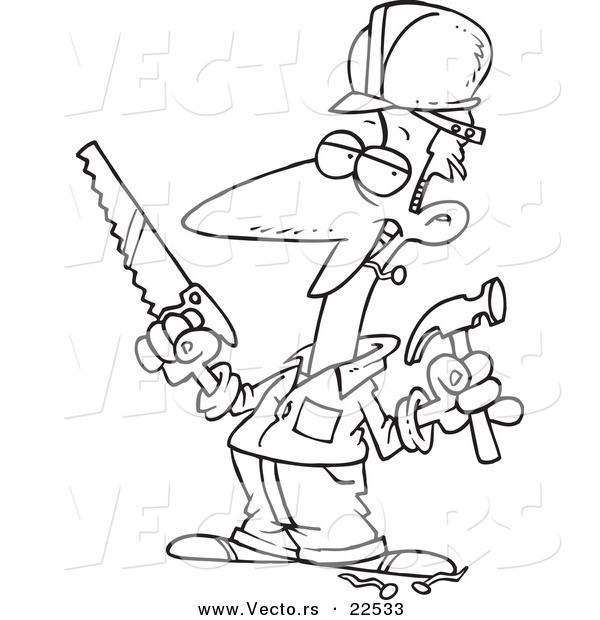 Vector of a Cartoon Construction Guy Holding a Hammer and Saw - Coloring Page Outline