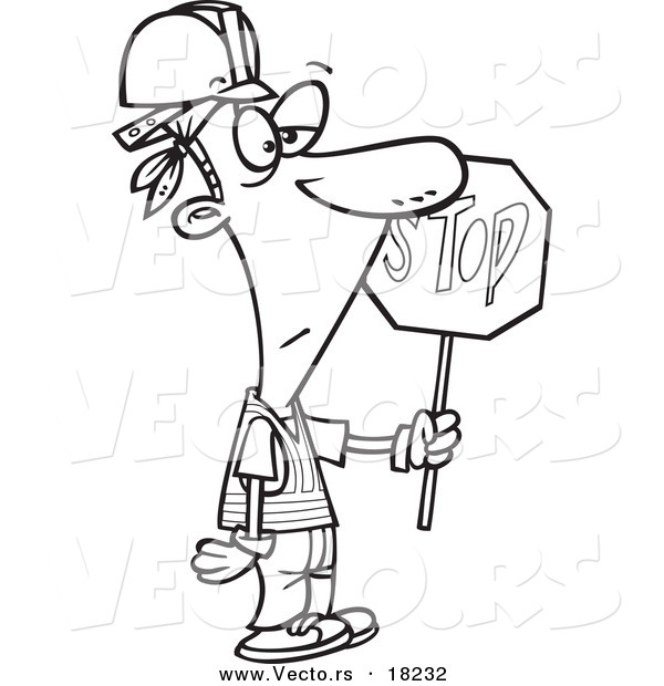 Vector of a Cartoon Construction Guy Holding a Stop Sign - Outlined Coloring Page