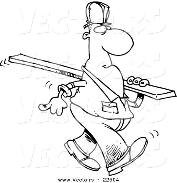 Vector of a Cartoon Construction Worker Carrying a Wood Slat - Coloring Page Outline