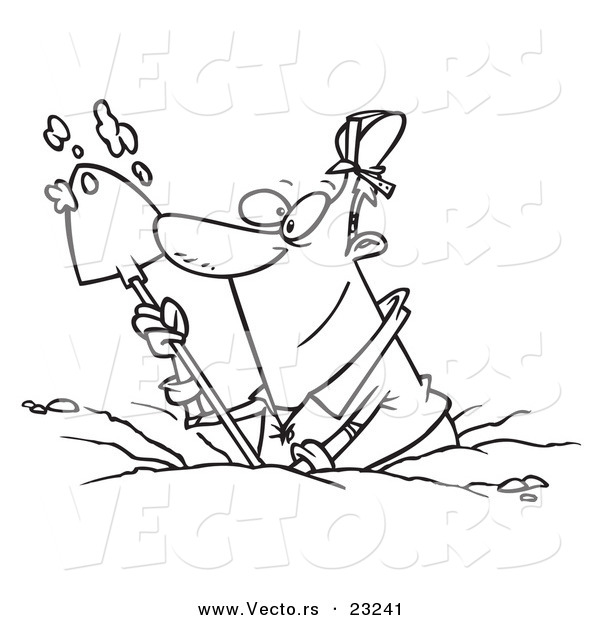 Vector of a Cartoon Construction Worker Digging - Coloring Page Outline